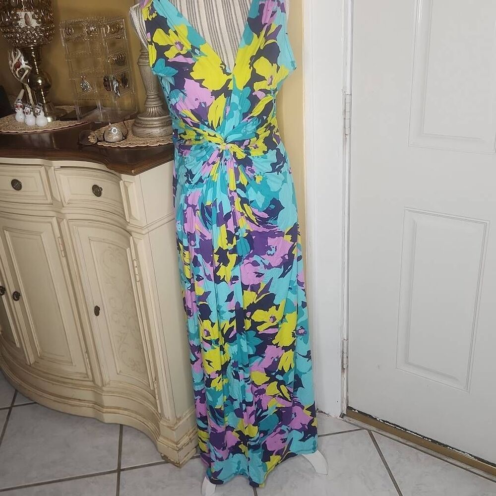Iman bright multi color maxi v neck dress women's size L